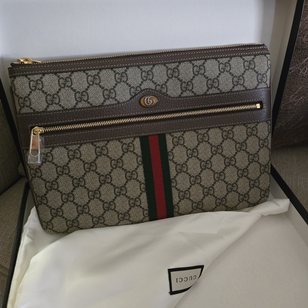 Gucci Beige and Brown Laptop Bag with Green and Red Stripe